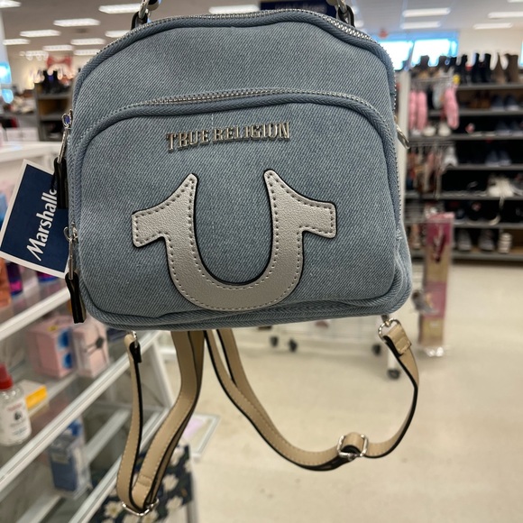 True Religion Handbags - True Religion Denim Crossbody Bag - Light Blue & Beige Trim